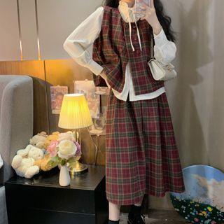 Puff-sleeve Blouse / Plaid Vest / Midi A-line Skirt