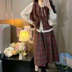 Puff-sleeve Blouse / Plaid Vest / Midi A-line Skirt