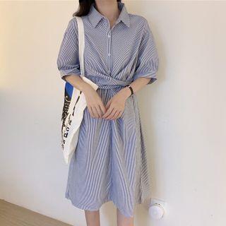 Elbow-sleeve Striped Twist-front Midi A-line Shirtdress