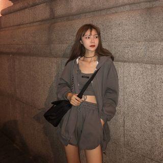 Cropped Tank Top / Drawstring Shorts / Hooded Zip Jacket / Set
