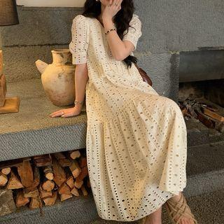 Short-sleeve Eyelet Lace Midi Smock Dress