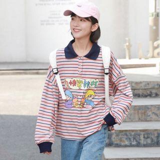 Cartoon Print Striped Polo Sweatshirt