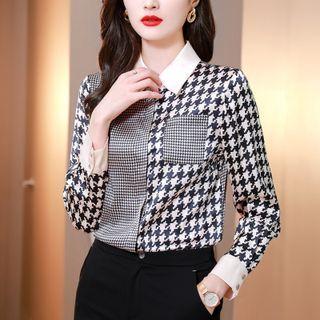 Long-sleeve Houndstooth Paneled Silky Shirt