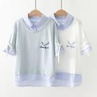 Mock Two-piece Letter Embroidered Short-sleeve T-shirt