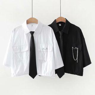 Elbow-sleeve Tie-neck Crop Shirt