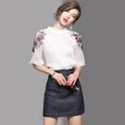 Set: Elbow-sleeve Embellished Top + Denim Skirt