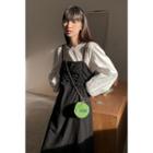 Set: Puff-sleeve Plain Blouse + Ruched Midi Overall Dress