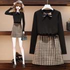 Set: Tie-neck Long-sleeve Top + Houndstooth A-line Skirt