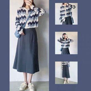 Patterned Cardigan / Midi Skirt / Set