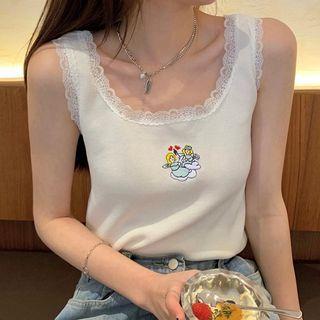 Lace Trim Embroidered Tank Top