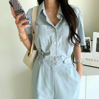 Tab-waist Shirtwaist Jumpsuit Sky Blue - One Size