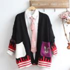 Cat Embroidered Open Front Cardigan / Pocketed Shirt