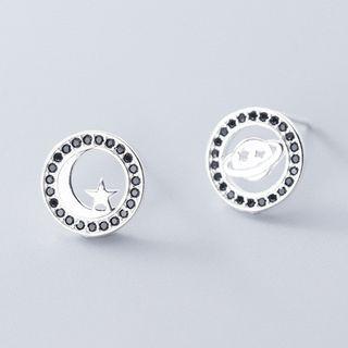 Non-matching Planet Crescent Rhinestone Stud Earring 1 Pair - Silver - One Size