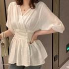 Plain V-neck Chiffon Short-sleeve Blouse