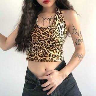 Leopard Print Halter Crop Tank Top