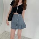 High-waist Irregular Denim Mini Skirt