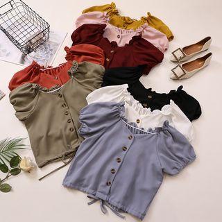 Drawstring Puff-sleeve Chiffon Blouse