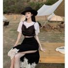 Mock Two-piece Short-sleeve Shirred T-shirt / Lace Trim Midi A-line Skirt