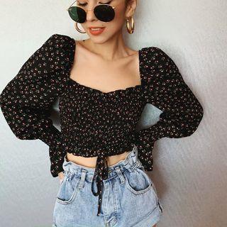 Puff-sleeve Floral Print Cropped Blouse