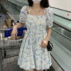 Puff-sleeve Square Neck Floral Mini A-line Dress Sky Blue - One Size