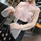 Set : Bow Long-sleeve Mesh Blouse + Mini Skirt