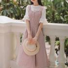 Set: Elbow-sleeve Blouse + Plaid Midi A-line Jumper Dress