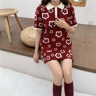Floral Short-sleeve Polo Shirt / A-line Mini Skirt