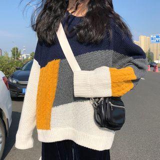 Color Block Sweater Yellow & Navy Blue & White & Gray - One Size