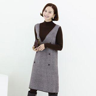 Belted Buttoned Mock Two-piece Midi Dress