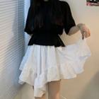 Elbow-sleeve Irregular T-shirt / A-line Mini Skirt