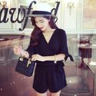 V-neck Elbow-sleeve Chiffon Playsuit