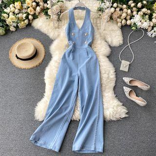Halter-neck Sleeveless Denim Wide-leg Jumpsuit