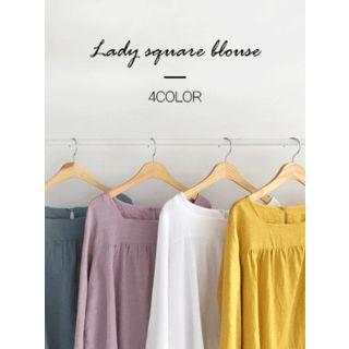 Square-neck Puff-sleeve Shirred Blouse