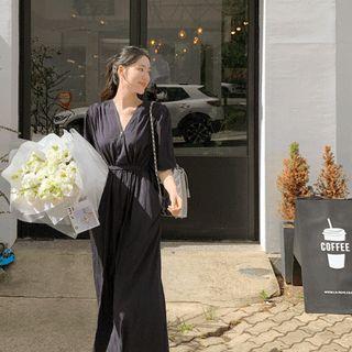 Wrap-front Shirred Long Dress