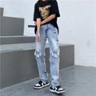 High Waist Distressed Checkered Patch Straight Leg Jeans