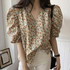 Short-sleeve Floral Blouse Floral - White - One Size