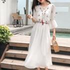 Lace-up Embroidered 3/4-sleeve Dress