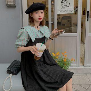 Short-sleeve Collared Floral Blouse / Plain Overall Dress