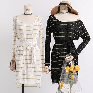 Lightweight Striped Knit Dress With Sash