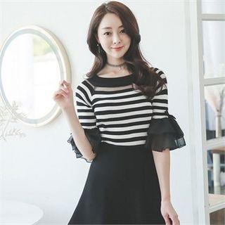 Mesh-trim Chiffon-layered Sleeve Top