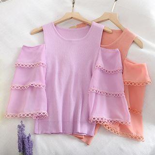 Crochet Trim Cutout Shoulder Knit Top