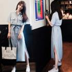Elbow-sleeve Sashed Midi Shirt Dress