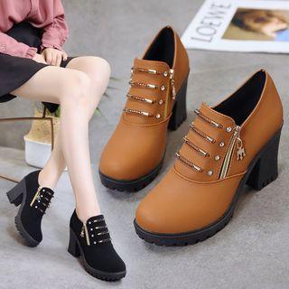 Faux Leather Beaded Side Zipper Block Heel Ankle Boots