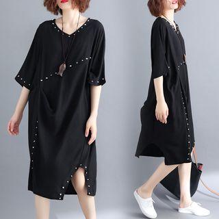 Studded 3/4-sleeve Slit T-shirt Dress Black - One Size