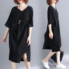 Studded 3/4-sleeve Slit T-shirt Dress Black - One Size