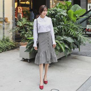 Ruffle-hem Buttoned Gingham Skirt