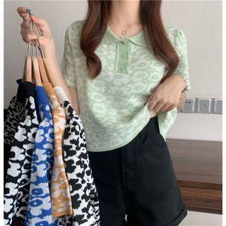 Short-sleeve Floral Knit Polo Shirt