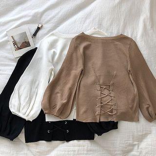 Plain Lace-up Puff-sleeve Knit Top