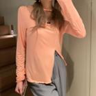 Long-sleeve Plain T-shirt Orange Pink - One Size