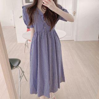 Short-sleeve Sailor Collar Check Midi A-line Dress